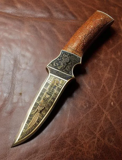 Prompt: An intricate carved leather hunting knife sheath with Egyptian  cartouches, scarabs. and gods