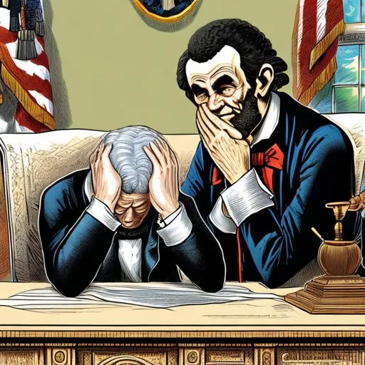 Prompt: George Washington and Abraham Lincoln facepalm, Oval Office Scene,  Sergio Aragonés MAD Magazine cartoon style 