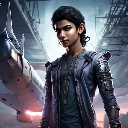 Prompt: early-twenties arabic man male, krishna, cheekbones, thin nose, long wavy hair, smiling, casual clothes, medium-dark skin, futuristic air plane hangar, portrait, realistic details, photorealistic, 8k render, cinematic lighting, ultra detailed