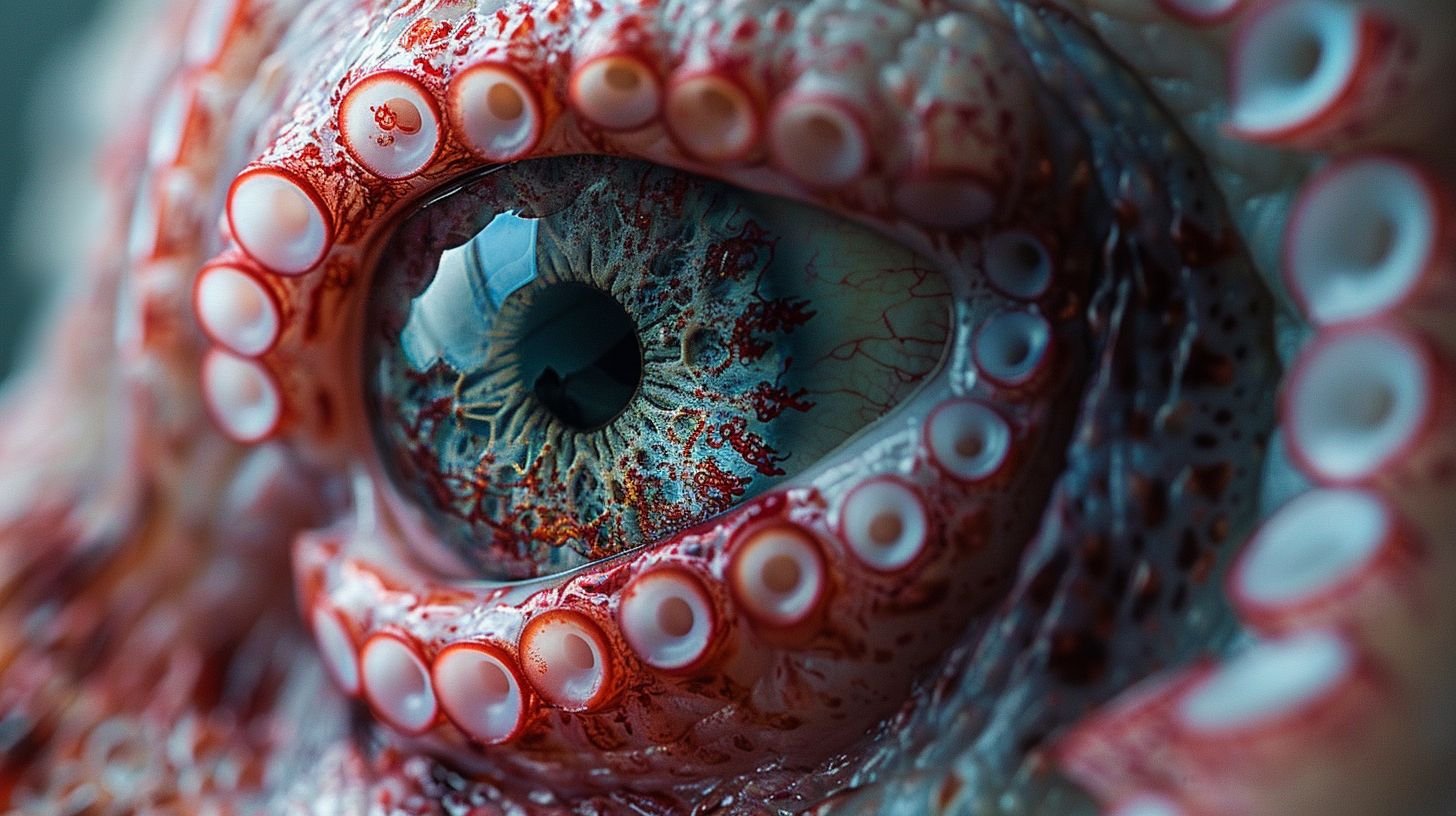 Prompt: blood shot eyeball on a tentacle looking curious at me