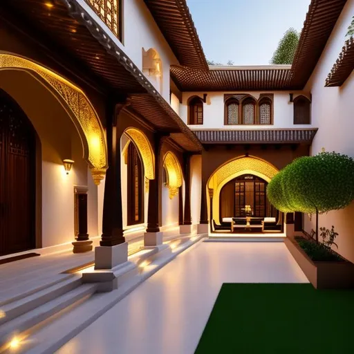 Prompt: Create courtyard with golden details, external view, in a front view, seen from the backyard horizontally, cinematic light, front angle view, UHD, HDR, 8K, ((Masterpiece))