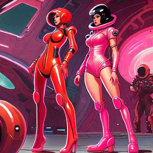 Prompt: human wearing red retro-futuristic spacesuit and combat boots, gynoid wearing a revealing retro-futuristic pink bikini spacesuit with black stiletto heeled boots in sci-fi battle stance  