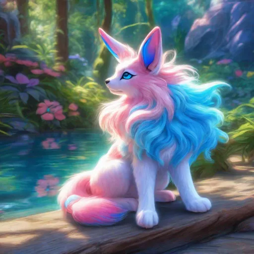 Prompt: (blue Sylveon), realistic, photograph, fantasy, epic oil painting, (hyper real), furry, (hyper detailed), extremely beautiful, (on back), playful, UHD, studio lighting, best quality, professional, ray tracing, 8k eyes, 8k, highly detailed, highly detailed fur, hyper realistic thick fur, canine quadruped, (high quality fur), fluffy, fuzzy, full body shot, hyper detailed eyes, perfect composition, hyper realistic depth, ray tracing, vector art, masterpiece, trending, instagram, artstation, deviantart, best art, best photograph, unreal engine, high octane, cute, adorable smile, lying on back, flipped on back, lazy, peaceful, (highly detailed background), vivid, vibrant, intricate facial detail, incredibly sharp detailed eyes, incredibly realistic scarlet fur, concept art, anne stokes, yuino chiri, character reveal, extremely detailed fur, sapphire sky, complementary colors, golden ratio, rich shading, vivid colors, high saturation colors, nintendo, pokemon, silver light beams