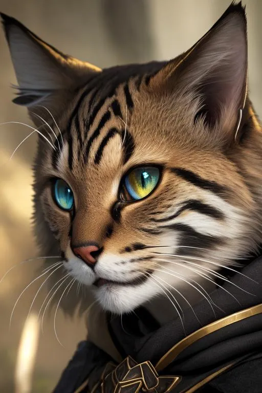 Prompt: (masterpiece), (best quality:1.2), (intricate detail), dynamic angle, looking at viewer, (1female), ((solo)), (((full body))), (slender), (((tabaxi))), (((black and brown fur))), ((blue pupils)), (((light armor))), black armor, ((cloak)), mysterious, ((ominous expression))