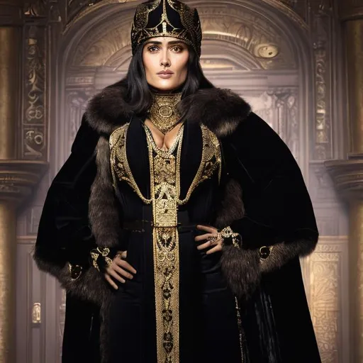 Prompt: salma hayek, tall, athletic, king, emperor, black robe with gold details, fur black ushanka jeweled