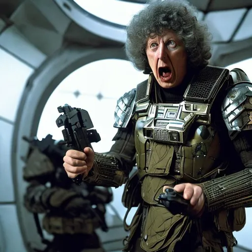 Prompt: A 28 year old Tom Baker shouting angrily wearing an armored futuristic scifi military uniform and holding an advanced exotic shotgun