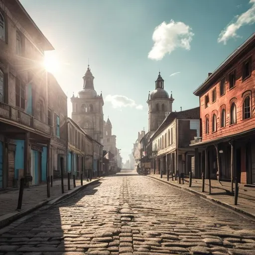 Prompt: tall 1800s buildings city with road wooden carriges high resolution 4k daytime nice weather light blue sky