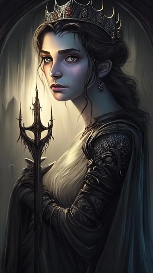 Prompt: Dark fantasy portrait of a princess awaiting her rescuer in a dark castle. Dark colours
