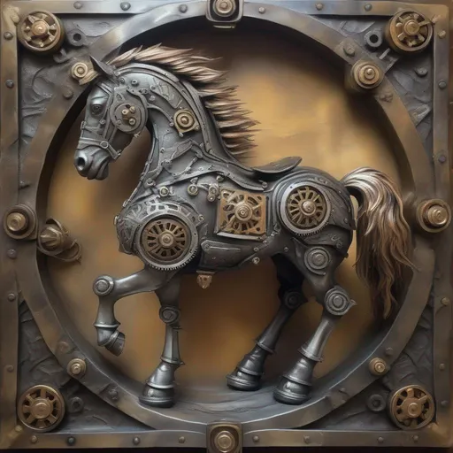 Prompt: Adamant Dwarven Horse, made out of bronze and silver, steampunk-like, gears and metal parts, masterpiece, best quality, in oil painting style