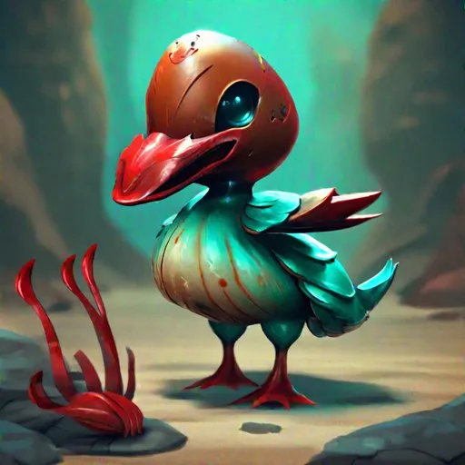 Prompt: Bipedal creature resembling a duck, brown rock-like shell, duck heads in teal and red poking out, teal and red crab-like legs, masterpiece, best quality, in artstation style