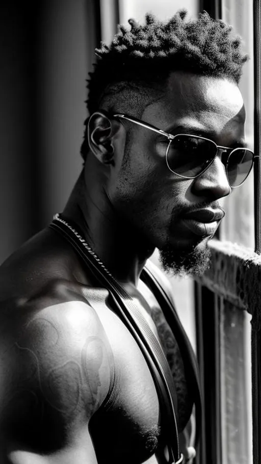 Prompt: Sensual, tattooed, shirtless african man, wearing sunglasses and a strapped leather harness, in an abandoned place near a window, cinematic, close-up bust portrait, grayscale, hyperrealistic, hyperdetailed, ambient light, perfect composition, provocative, textured skin, high contrast, profile portrait, 16K.