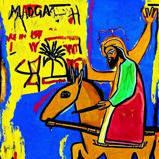 Prompt: Jesus Christ coming into Jerusalem riding a mule on Palm Sunday 
basquiat style painting
