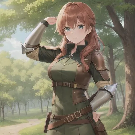 Prompt: Young Girl, ranger, copper hair, hunter, leather armor, bow, Archer, (Background, Forest)