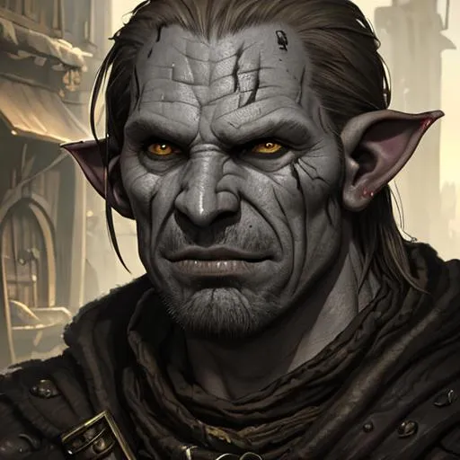Prompt: Highly detailed, Portrait of scowling Ralph Fiennes as an orc with grey skin, ugly rough, thief clothes, in a fantasy alley, rats on the ground, cinematic lighting, dark colors, side, in fantasy style