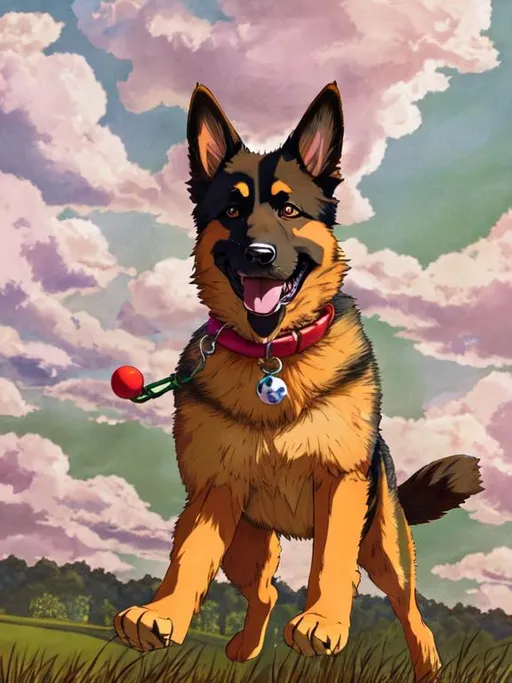 Prompt: Studio ghibli anime style, vivid colours, HDR, German shepherd dog, happy, playing at the park, ball in mouth, wearing hunter green collar