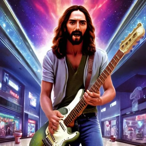 Prompt: Jesus playing guitar in a busy alien mall, widescreen, infinity vanishing point, galaxy background, surprise easter egg