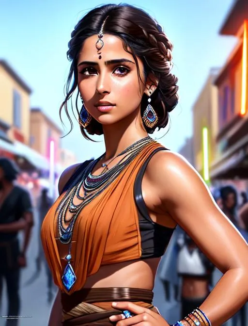 Prompt:  Naomi Scott star wars movie poster, sleeveless, brown hair, brown eyes, in crowded town center, wearing tribal cueitl, ethereal, sad, jewelry set balayage wild hair, royal vibe, highly detailed, highly detailed face, digital painting, Trending on artstation , HD quality, tan skin,artgerm,  by Ilya Kuvshinov 