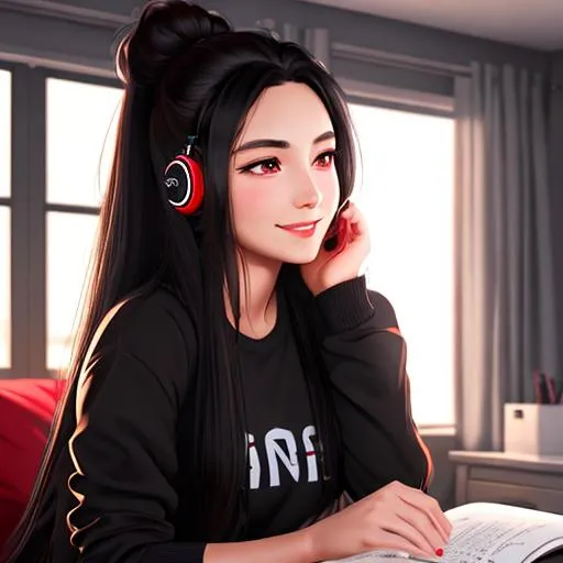 Prompt: long black hair in a messy bun petite girl wear a headphones, relaxing, studying, deep red blush, smiling happily, casual cloths, inside bedroom, highly detailed, half body, soft lighting, ultra realistic, 8K, digital art, unreal engine 5, odd eyes