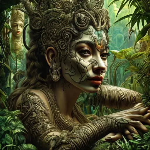 Prompt: Intricately detailed beautiful jungle goddess of the amazon hyper realistic extremely detailed dark cinematic in the style of Dali