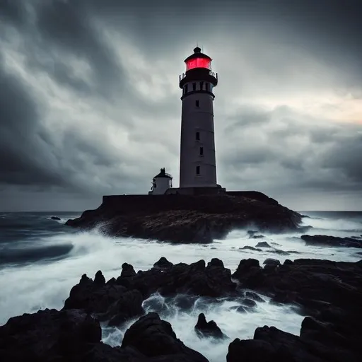 Prompt: a lone man black standing at a lighthouse at dusk in stormy and windy weather rain