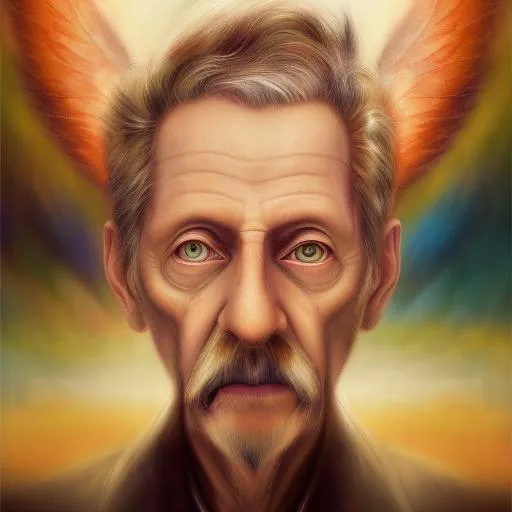 Prompt: Transform the image of angels in heaven into a surrealistic modern oil painting, incorporating vivid colors and exaggerated features to create a dream-like atmosphere. Depict an old male angel, who was a great doctor in his past life, trying to fly with his wings. Let your imagination run wild and bring elements of reality and fantasy together in your artwork. Use bold brush strokes and vivid colors to create a vivid image that captures the beauty and wonder of the heavens and the angels that inhabit it. The goal is to create a painting that is both mysterious and surreal, leaving viewers mesmerized by the otherworldly landscape you have created.