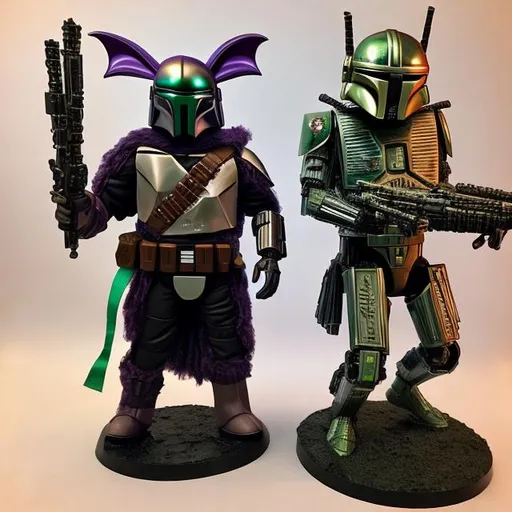 A wookie in green & purple mandalorian armor, & a ra...