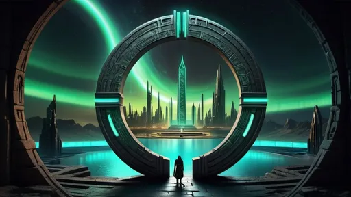 Prompt: magical portal between cities realms worlds kingdoms, circular portal, ring standing on edge, upright ring, freestanding ring, hieroglyphs on ring, complete ring, ancient aztec architecture, atlantis city plaza setting, aurora borealis, panoramic view, dark night, futuristic cyberpunk tech-noir setting