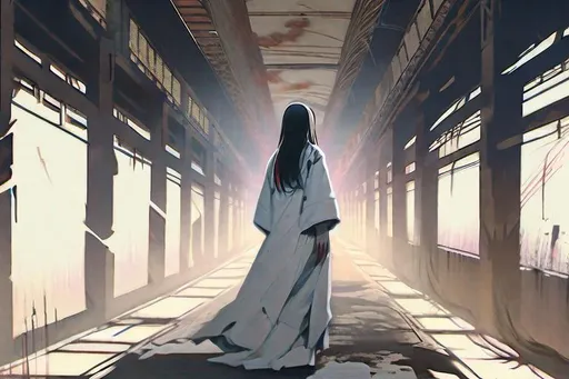 Prompt: a beautiful ukiyo painting of a female ghost girl in a derelict corridor, detailed portrait, intricate complexity, concept art, kusôzu. cinematic dramatic atmosphere, sharp focus