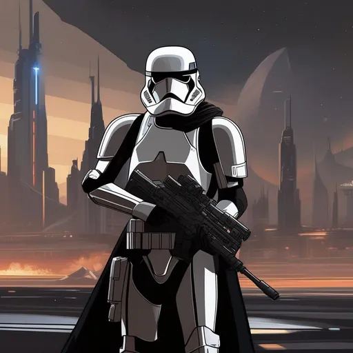Prompt: Whole body, full figure. A first order stormtrooper in black armor. Black armor. He wields a rifle. In background a scifi city. Star wars art. Rpg art. 2d art. 2d. 