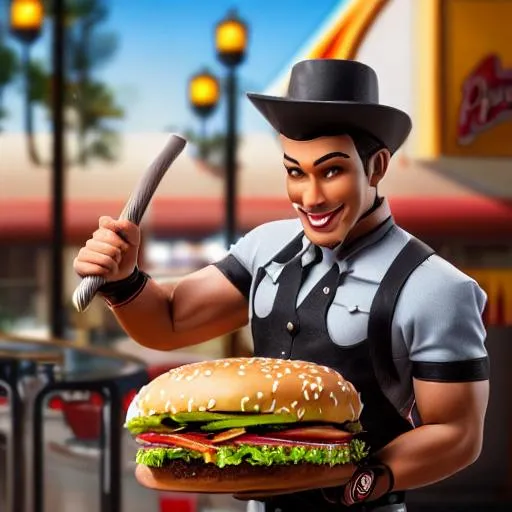 Prompt: Real life anthropomorphized Burger King restaurant as a male pin-up, Highly Detailed, Hyperrealistic, sharp focus, Professional, UHD, HDR, 8K, Render, HD, Trending on ArtStation, bokeh, outdoor, Full body