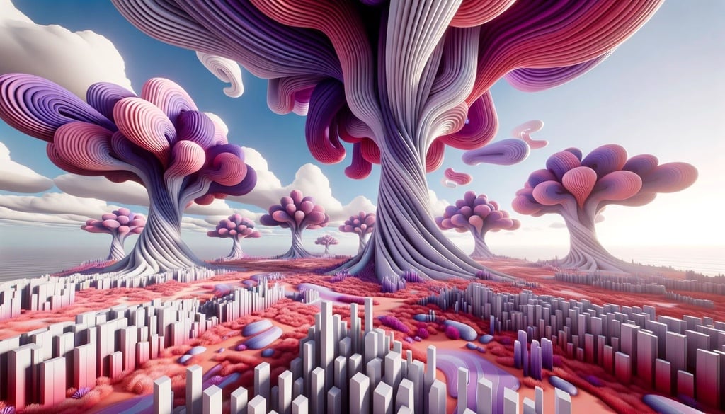 Prompt: Wide render of a video game landscape, where striking purple trees with flowing, organic shapes stand tall. The environment is designed with cubo-futurism in mind, merging geometric forms with a touch of the future. The ground features spiky mounds, painted in hues of light red and pink, contrasting against the hyperrealistic skies. The viewer's perspective is from a low-angle, making the sky vast and dominant.