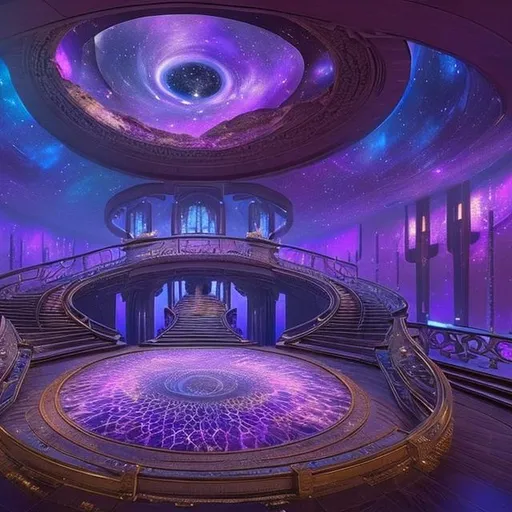 Prompt: a space themed lake place where a space goddess would be with some stairs that lead down to heaven, and in front of those stairs is a big purple metallic gate (like the golden gates but purple), and a purple and gold throne in the center w some stars surrounding the place and small spiral galaxies everywhere