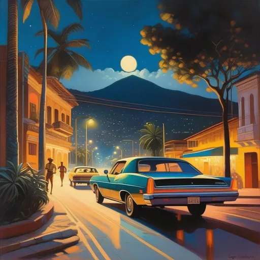 Prompt: 1970s, Caracas at night, car chase, warm atmosphere, cartoony style, extremely detailed painting by Greg Rutkowski and by Henry Justice Ford and by Steve Henderson