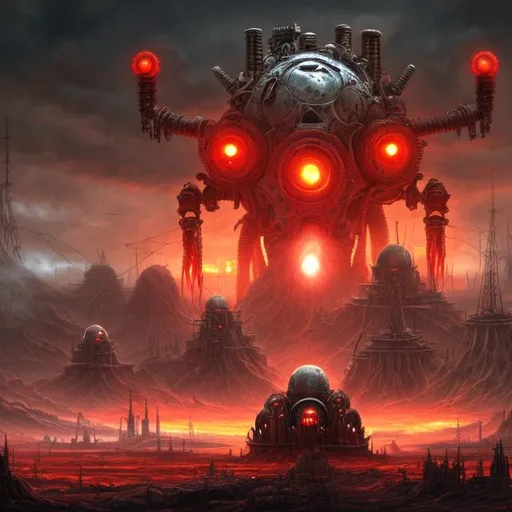 Prompt: Evil, red lights, Biological mechanical war machine, fantasy art style, nuclear explosion, atom bomb, teeth, eyes, giant robot, warfare, destruction, warship
