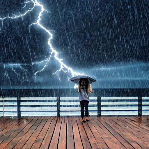 Prompt: person standing on a boardwalk, stormy, lightning, rain, windy