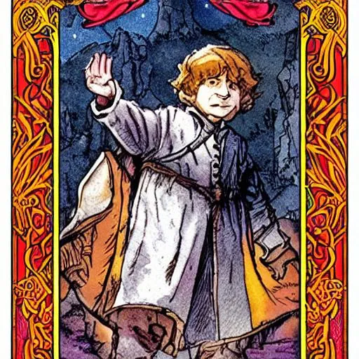 Prompt: Bilbo at home after his journey as the world tarot card