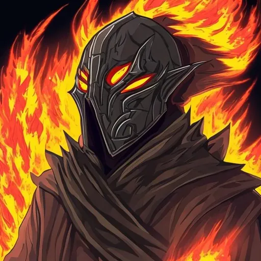 Prompt: A villain character. With power of all elements i.e., fire water air space earth. Dark fiery background. Appropriate mask to hide.