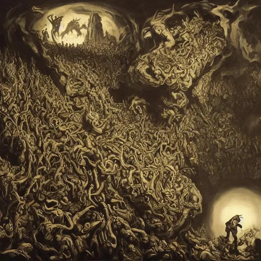 Prompt: alien Dictator of a socialist state surrounded by the stairway of hell. Surrealist painting by Gustave Courbet, Michiel Shrijver and M.C. Escher. and the top right corner you can see a hell portal