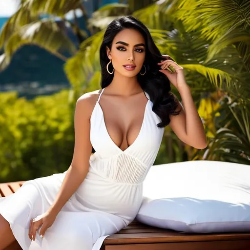 Prompt: photoshoot of an attractive latina woman, aged 25, black hair, perfect symmetrical face, beautiful, pretty, hot, perfect body, fit, wearing a white sundress, sitting on a deck chair, realistic, ultra hd, 8k, photorealistic