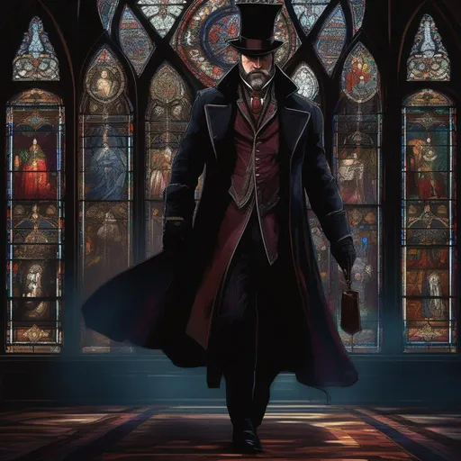 Prompt: Digital painting of a Large bestial man, with coat and tophat, with religious iconography, style of Bloodborne, dark colours, surrounded by shadows in a church, stain glass windows 
Digital painting of a Large bestial man with a coat with religious iconography, style of Bloodborne, dark colours, surrounded by shadows in a church, stain glass windows 
((style of Ravenloft, Ilya Kuvshinov)), darkness, dread, Romania, Hungry, gypsy, roma, fantasy, D&D, Ravenloft, ((style of Ravenloft, Ilya Kuvshinov)),
smooth detailed plate shoulder, detailed ivory, fantasy robes, wearing a full face mask, 8k, full form, detailed library, perfect hand, perfect five fingers and body, {{{{highest quality concept art masterpiece}}}} 4k, 128k UHD HDR.