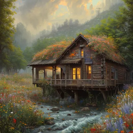 Prompt: cabin caught in a Chaotic Whirlwind Of Wildflowers And Leaves, river, bridges, cobblestone path,  Intricate Details, Aesthetically Pleasing And Harmonious Natural Colors, Art By Marco Mazzoni, Impressionism, Detailed, Dark, Flowers Heavy Brushstrokes, Textured Paint, Oil Painting, Dramatic, 8k, Trending On Artstation, Painting By Vittorio Matteo Co, Heavy Brushstrokes, Textured Paint, Impasto Paint, Highly Detailed, Intricate, Cinematic Lighting, Oil Painting, Highly Textured Skin, Dramatic, 8k, Trending On Artstation, Painting By Vittorio Matteo Corcos And Albert Lynch And Tom Roberts

