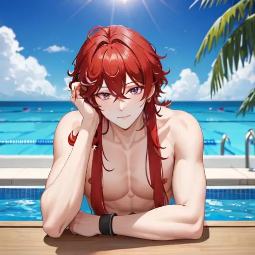 Prompt: Zerif 1male (Red side-swept hair covering his right eye) 8K, UHD, best quality, at the pool