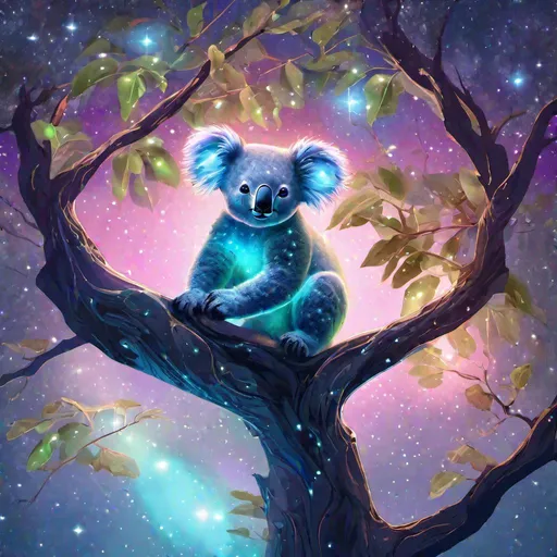 Prompt: A fantasy translucent koala that is glowing, in a eucalypt tree with large leaves, beneath the stars, bioluminescent, highres, best quality, concept art