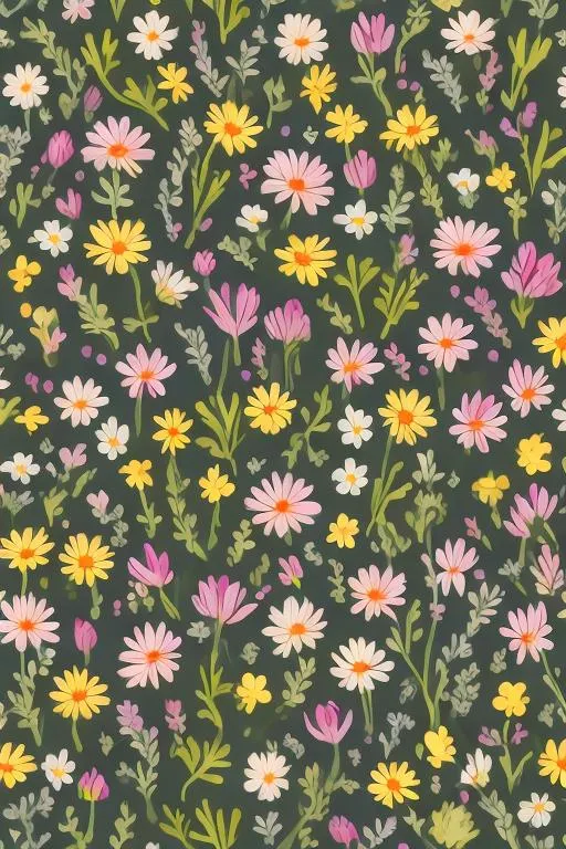 Prompt: many different types of spring wildflowers on a plain background small repeating pattern 