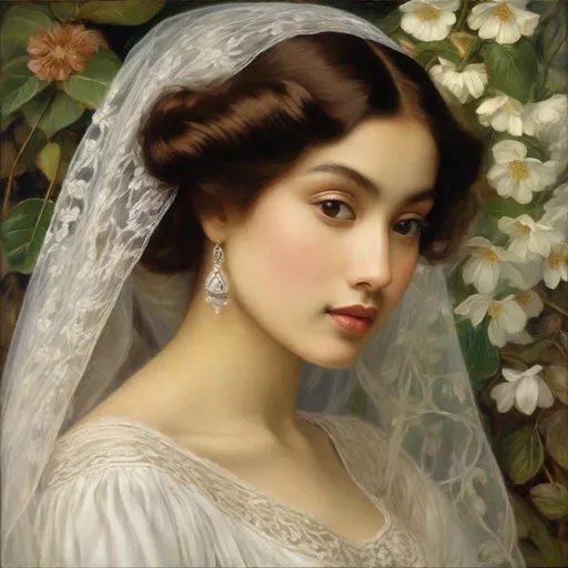 Prompt: half body, pretty young Indonesian woman, 25 year old, (round face, high cheekbones, almond-shaped brown eyes, small delicate nose), white cottehardie,  white open veil, character portrait by Elizabeth Polunin, featured on cg society, pre-raphaelitism, pre-raphaelite, enchanting, elegant, masterpiece, intricate detail