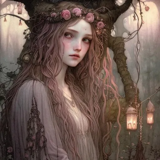 Prompt: Portrait Druid witch girl with rose gold pinkish hair and detailed delicate  pretty face in a dark and mysterious tree with Hanging lanterns by John Bauer and John William Waterhouse high contrast colorful storybook illustrations braids in hair moon in sky
