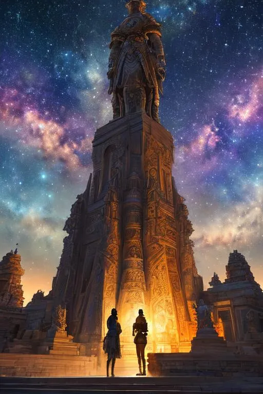 Prompt: looking from below, starry night, cloudy,

masterpiece best quality hyperdetailed intricate Naomi Scott in tribal cueitl standing infront of bronze warrior statue,

Mel Gibson warrior statue landscape,

digital watercolor painting,

colorful, atmospheric lighting, depth of field, bokeh, science fiction,

album cover art, wallpaper art, 128K resolution,