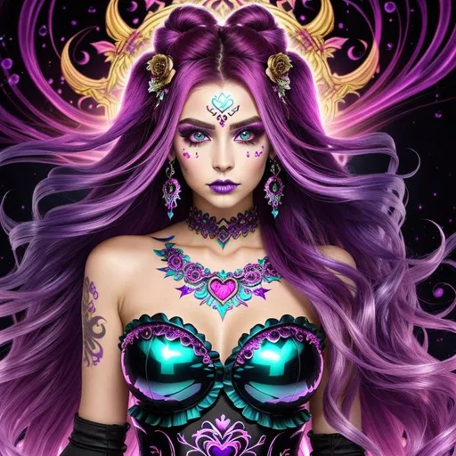 Prompt: Beautiful freeform dark chaos vivid bold, 3D, HD, [{one}({liquid metal {one}{Sugarskull}female, Beautiful big {heart-shaped}reflective eyes, long flowing hair, beautiful hands]::2, (clouds) with {purple gold pink green red silver blood}ink), Glamor, Glimmer, ultra detailed full body artistic photography, detailed rugged Gorgeous detailed face, shadows, oil on canvas, brush strokes, ultra sharp focus, ominous, matte painting movie poster, golden ratio, epic, intricate, cinematic character render, hyper realistic, 64K, Unreal Engine 5 --s98500
