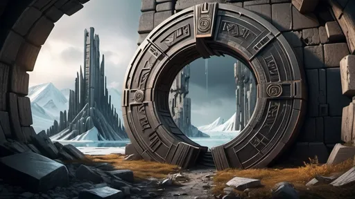 Prompt: magical portal between cities realms worlds kingdoms, circular portal, ring standing on edge, upright ring, freestanding ring, hieroglyphs on ring, broken ring, ruins, crumbling, broken, ancient roman architecture, arctic wilderness setting, panoramic view, futuristic cyberpunk tech-noir setting