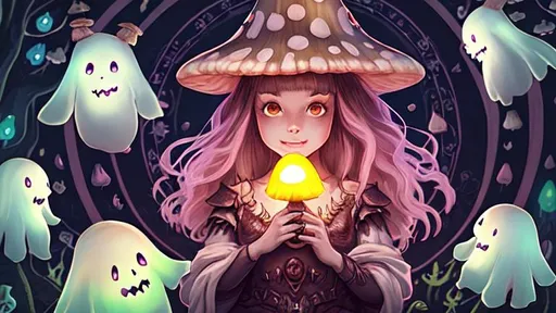 Prompt: portrait of a cute female monster with glowing fantasy mushrooms behind her, friendly ghosts sitting in circle